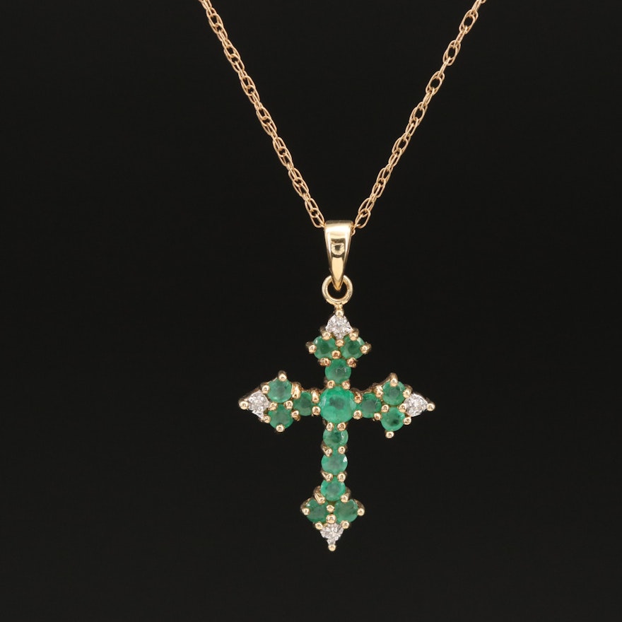 14K Emerald and Diamond Cross Pendant Necklace