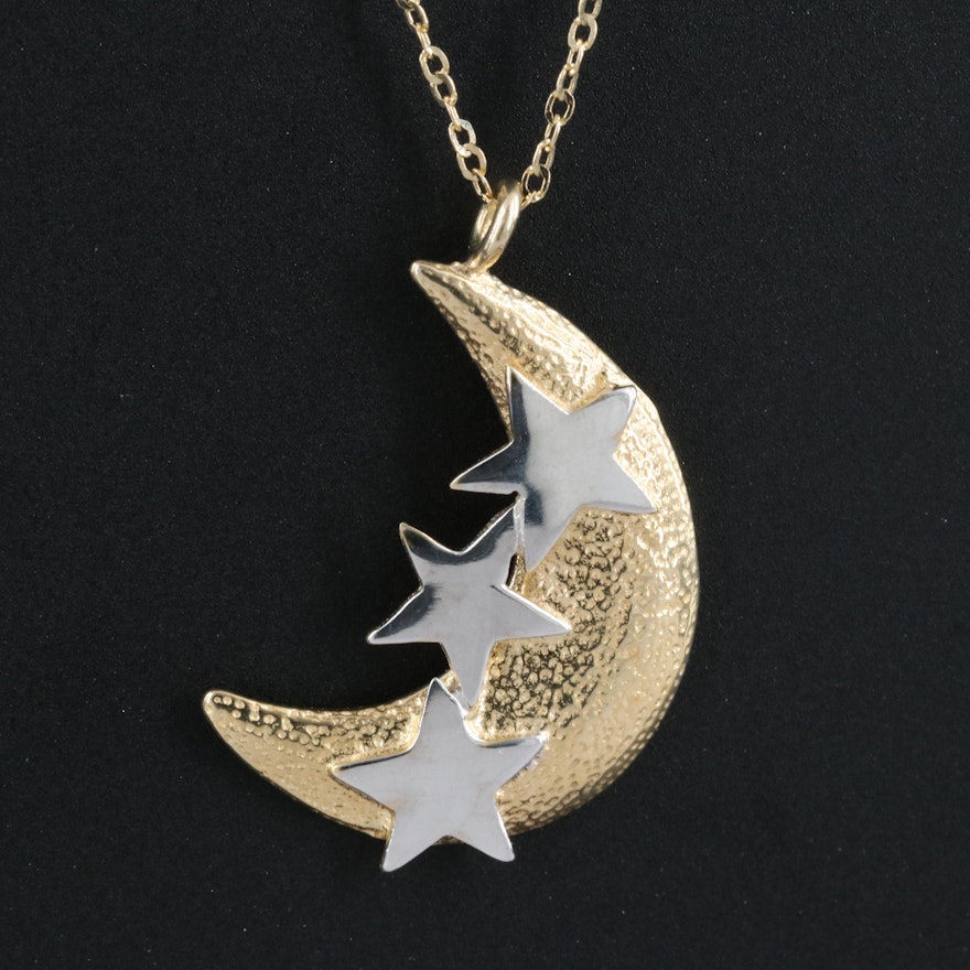 14K Crescent Moon and Stars Necklace