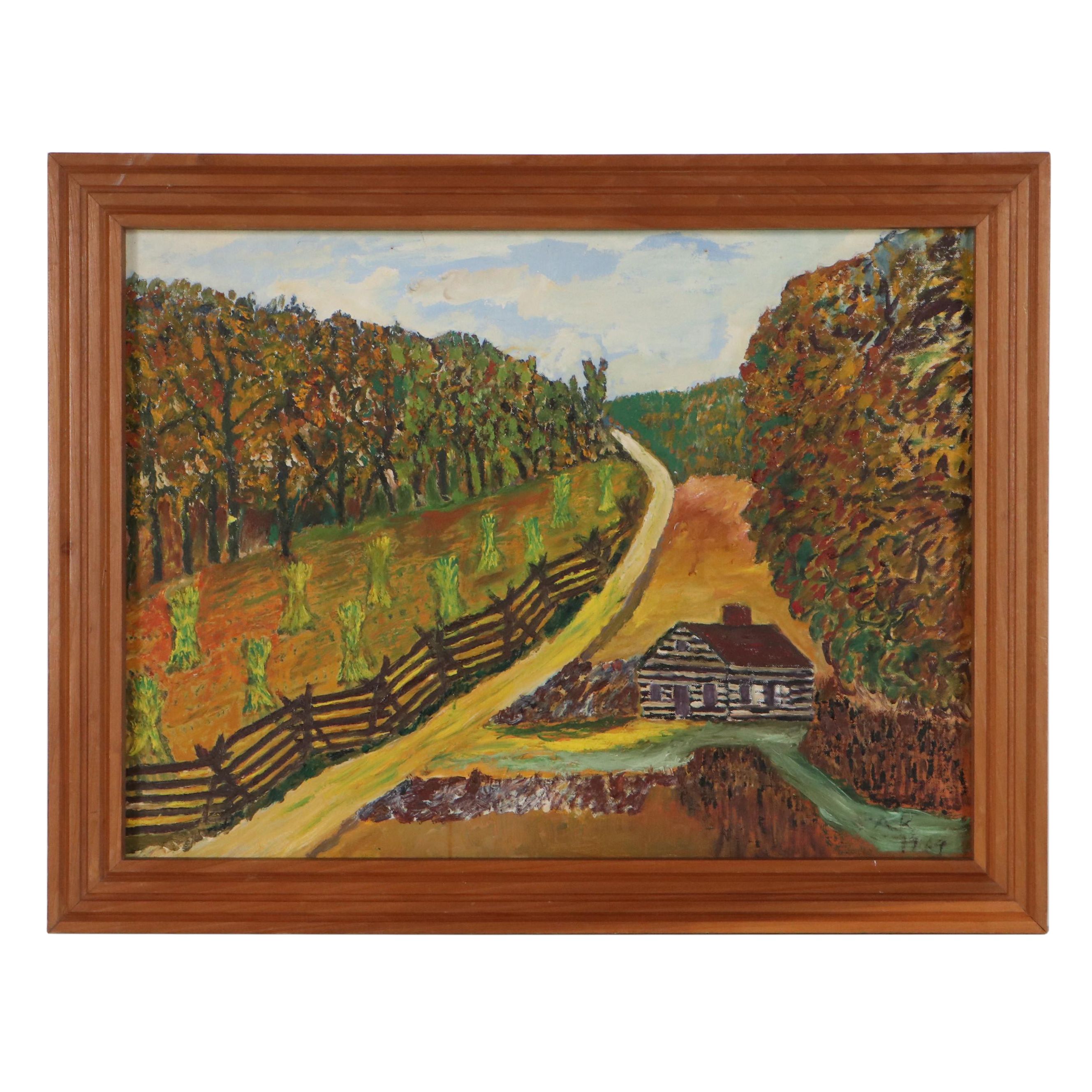Folk Art Farm Landscape Oil Painting, 1964