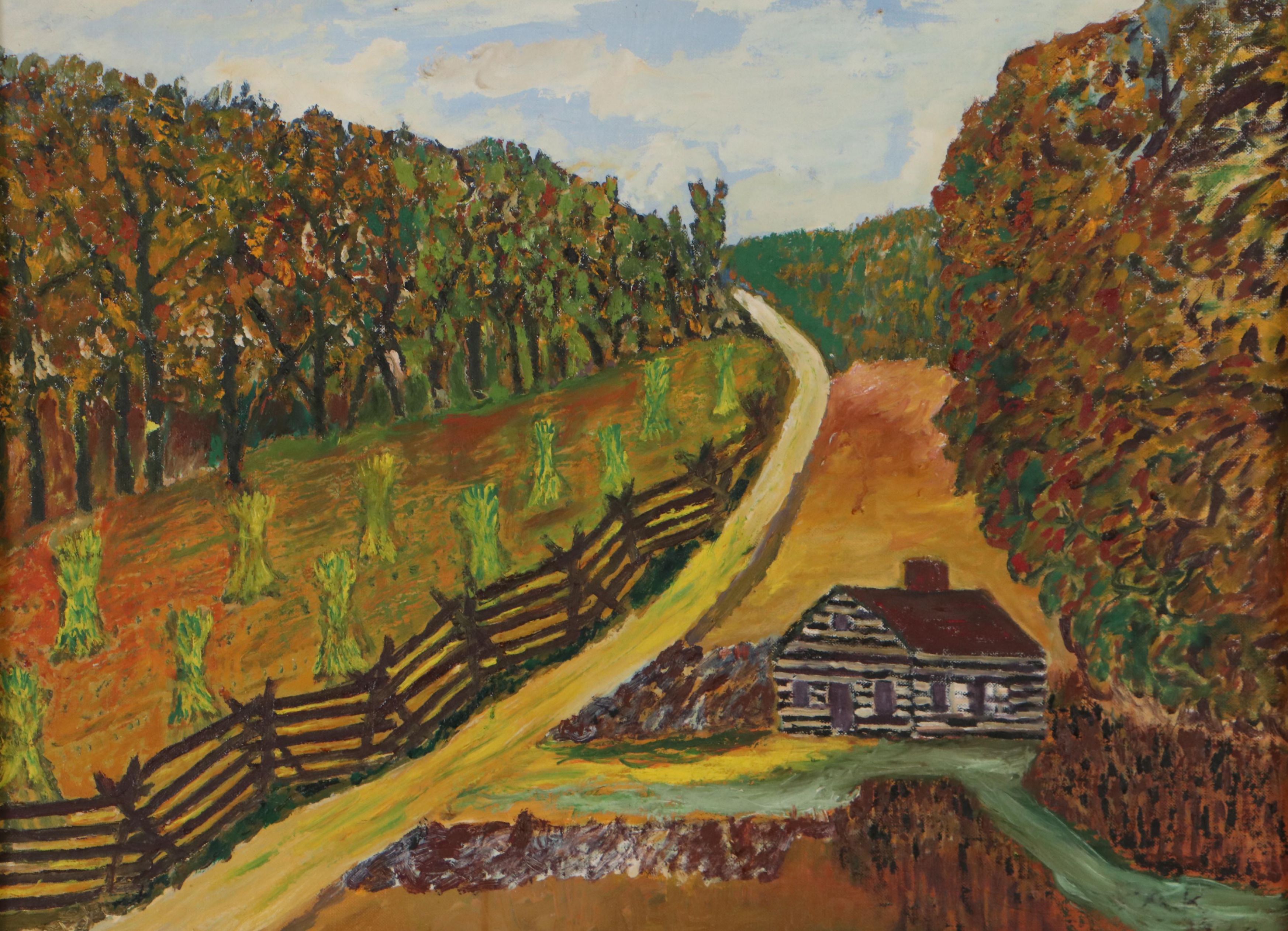 Folk Art Farm Landscape Oil Painting, 1964