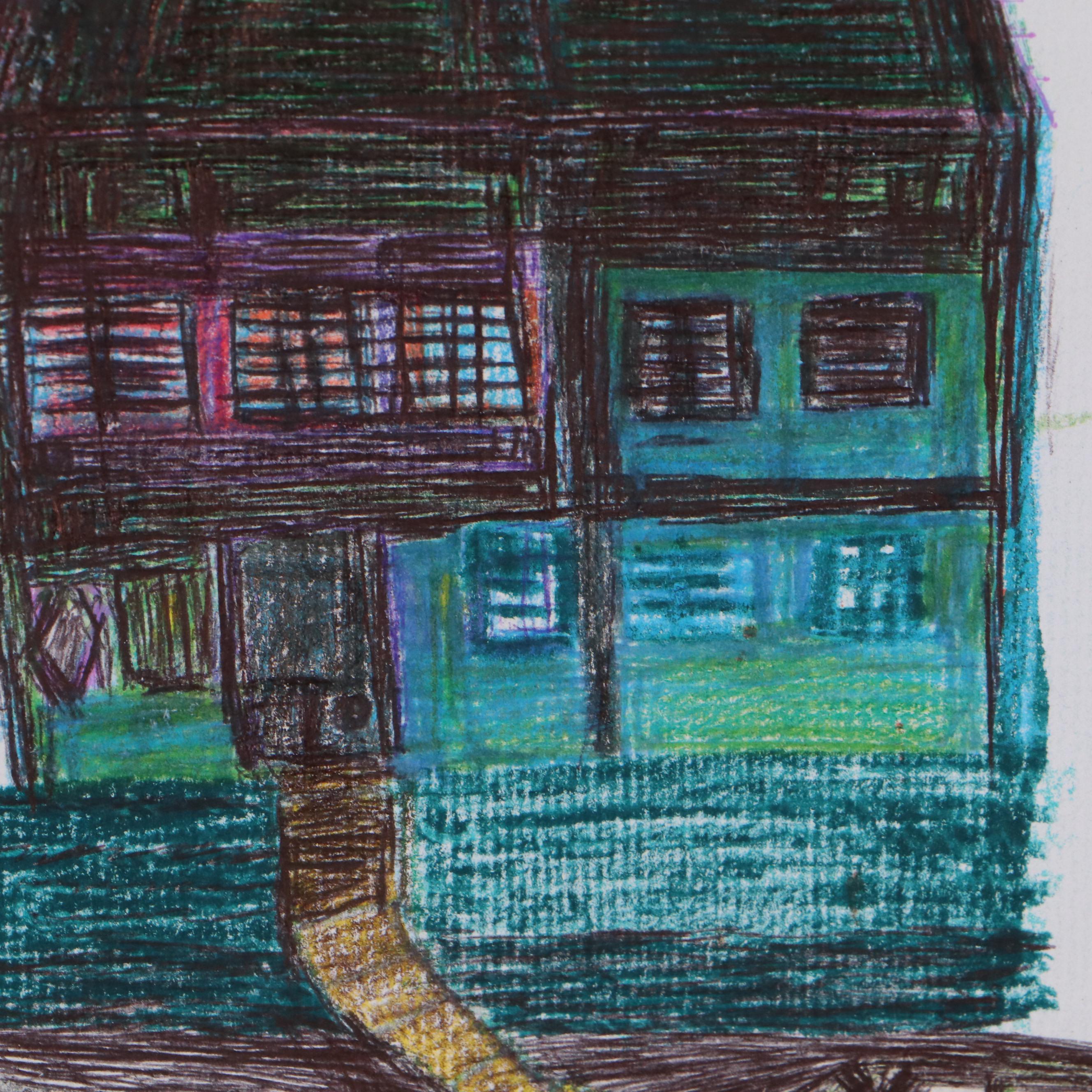 Jeff Aurila Outsider Art Drawing of House and Car