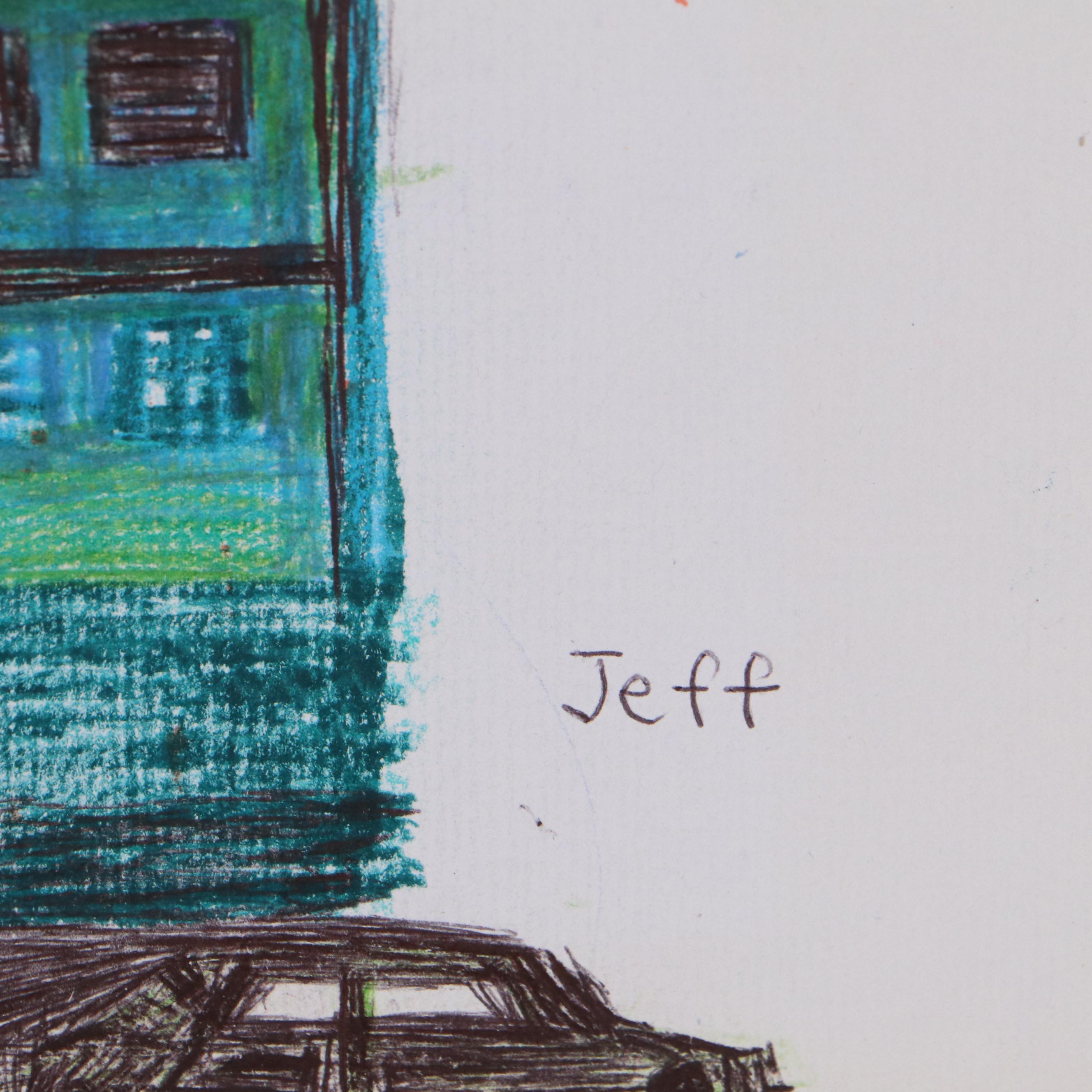 Jeff Aurila Outsider Art Drawing of House and Car
