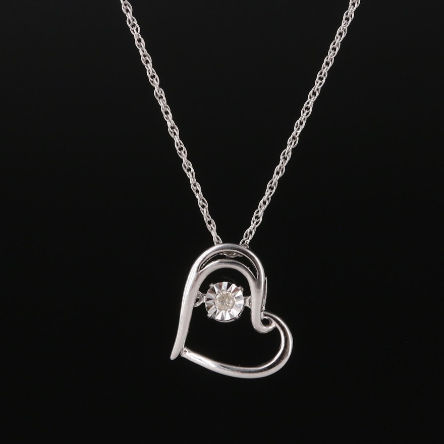 Sterling Heart Trembler Pendant Necklace with Diamond Center