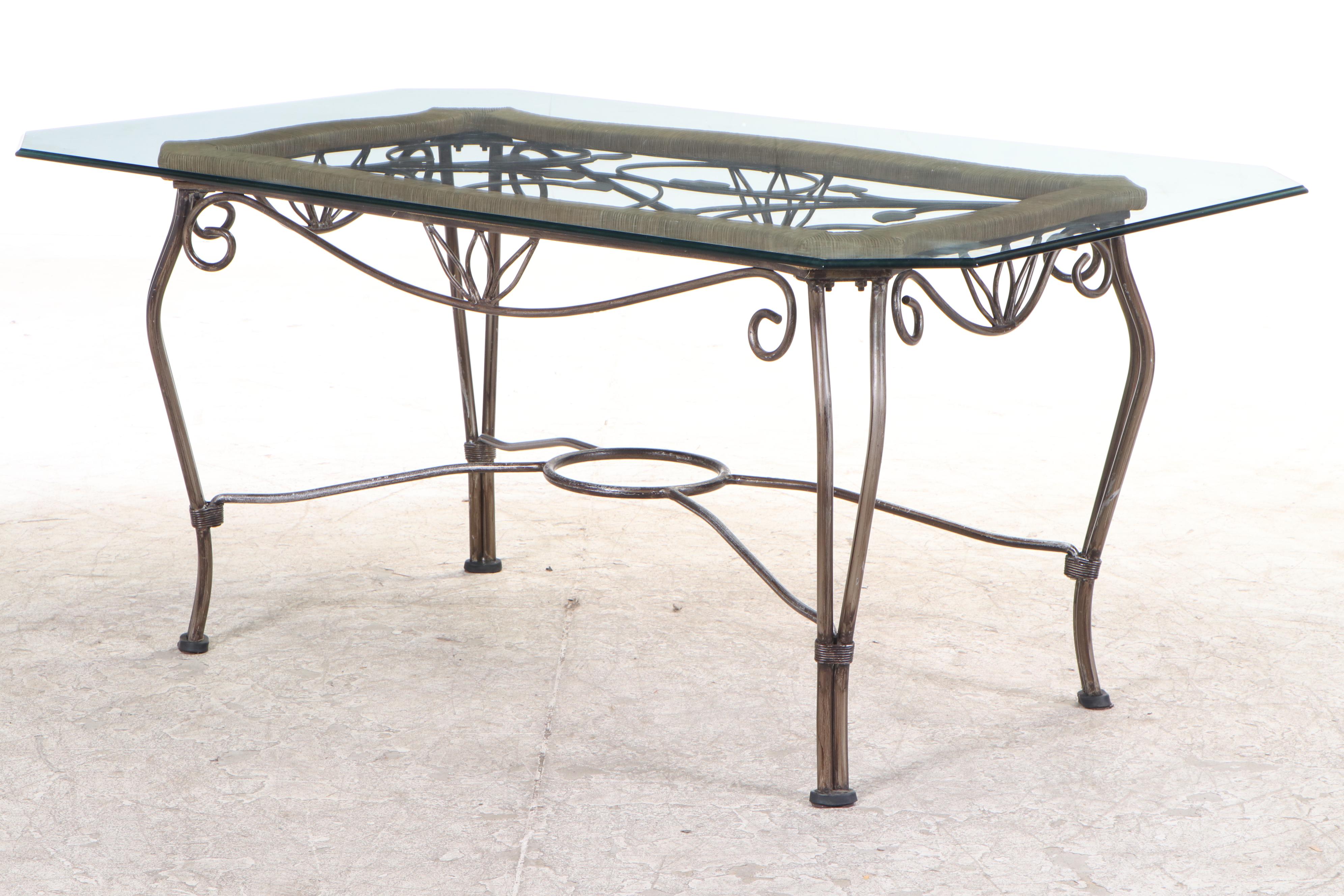 Wrought Iron, Wicker and Glass Dining Set