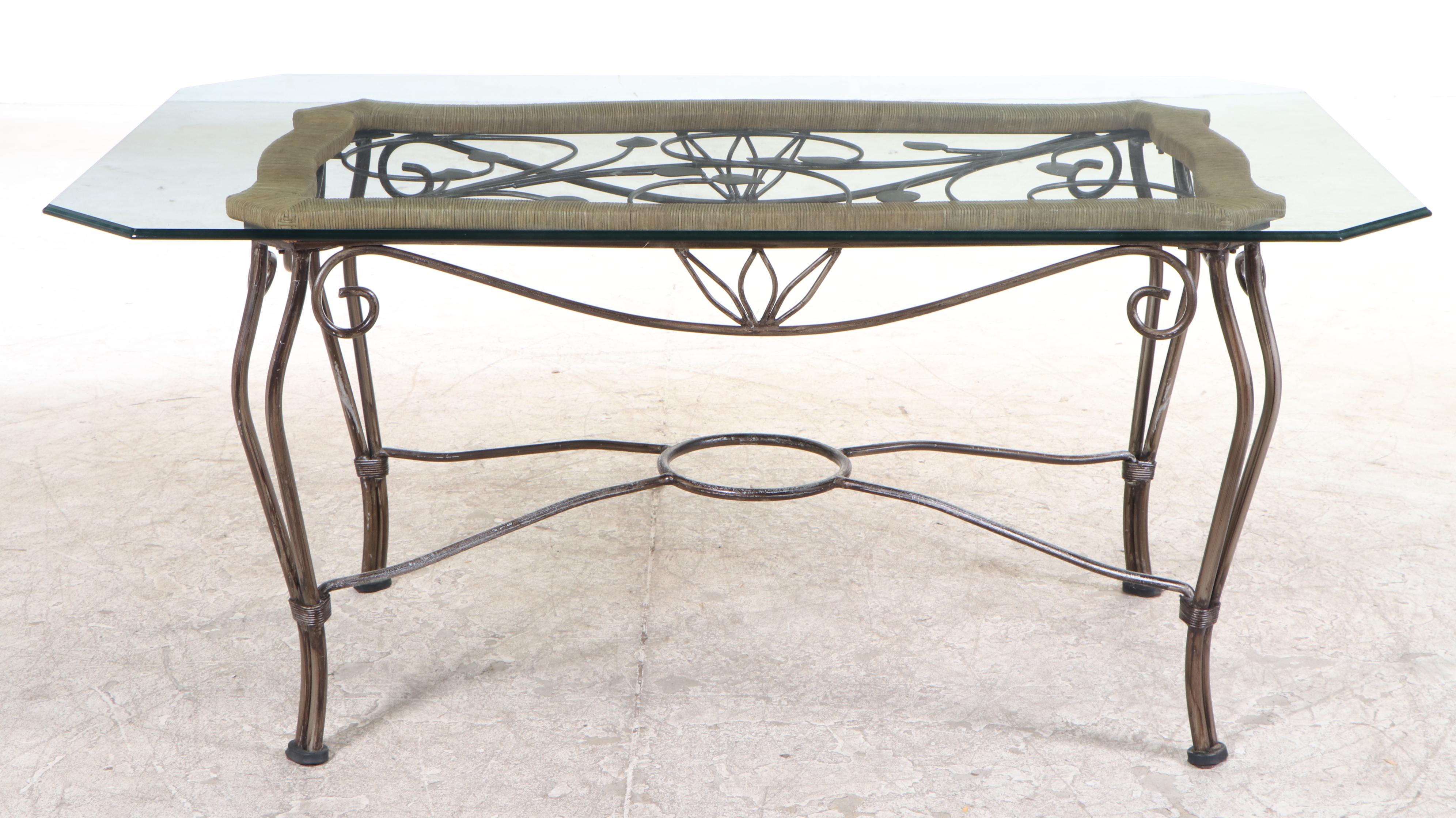 Wrought Iron, Wicker and Glass Dining Set