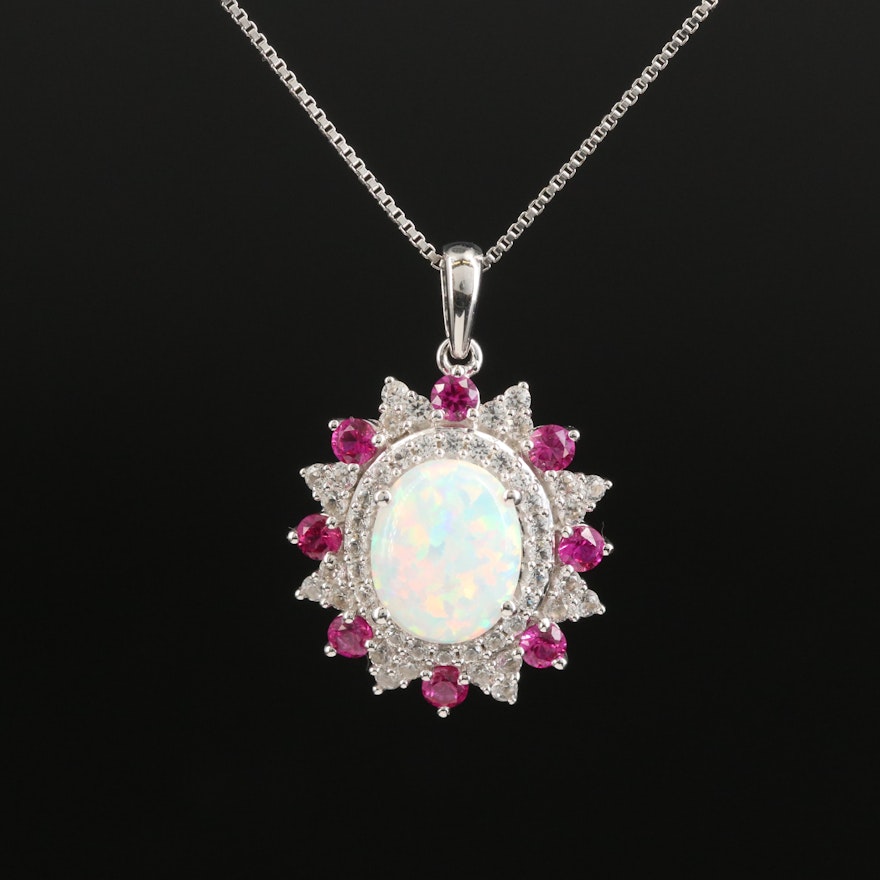 Sterling Opal, Ruby and Sapphire Pendant Necklace