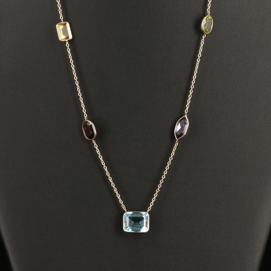 14K Bezel Set Gemstone Station Necklace Featuring Topaz, Amethyst, Garnet