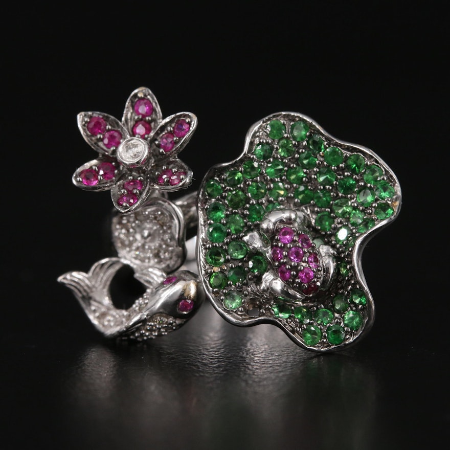 18K Tsavorite, Ruby, and Diamond Lily Pad, Frog and Fish Double Finger Ring