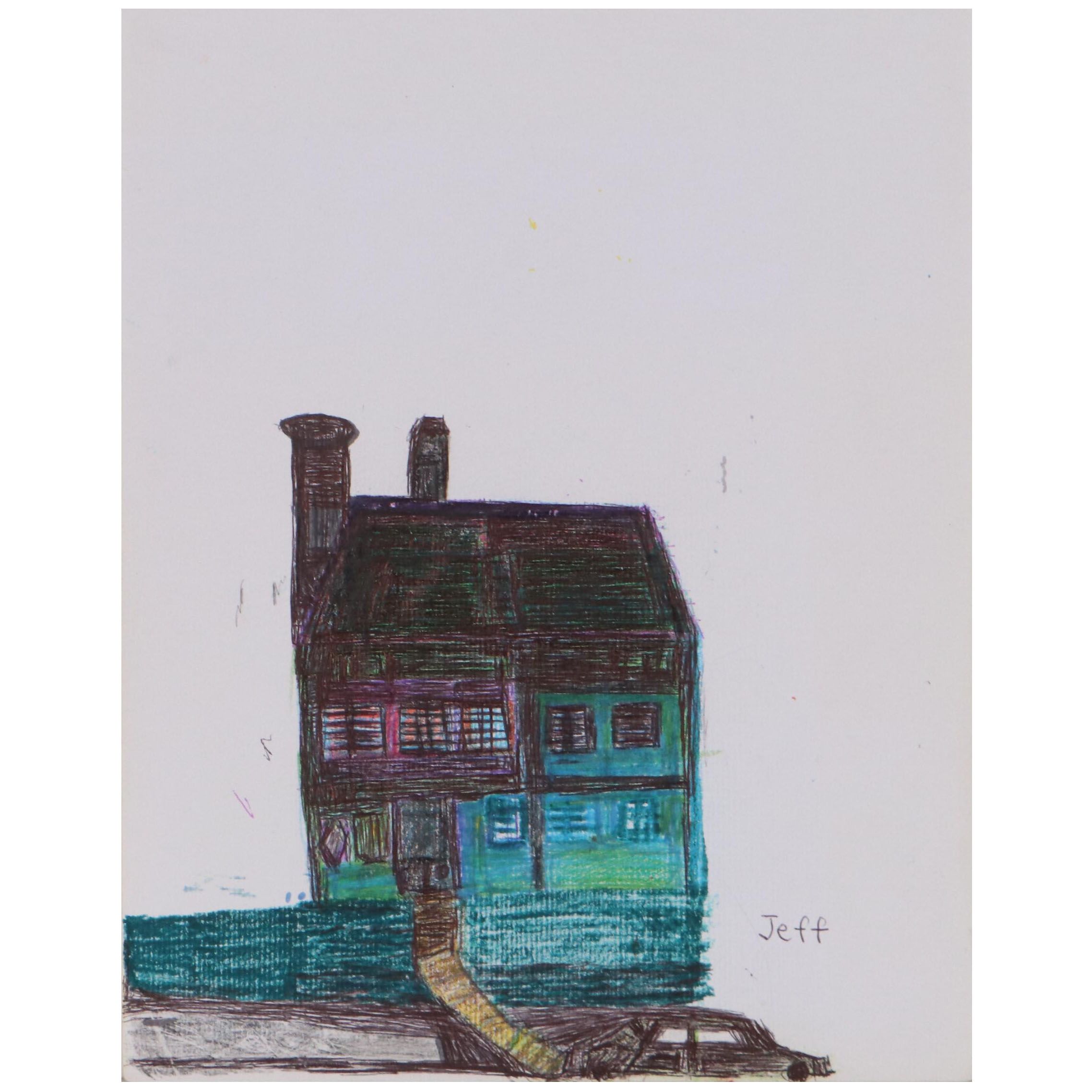 Jeff Aurila Outsider Art Drawing of House and Car