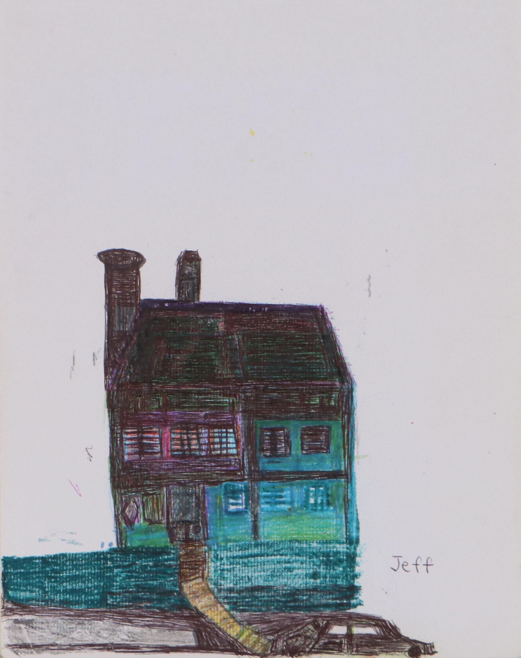 Jeff Aurila Outsider Art Drawing of House and Car