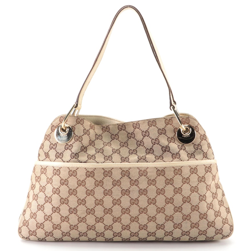 Gucci Eclipse GG Canvas and Ivory Cinghiale Leather Shoulder Bag