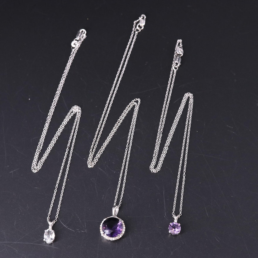 Sterling Silver Necklace Trio Including Amethyst and Cubic Zirconia