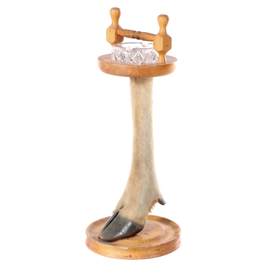 Rustic Pine and Taxidermy Hoof Ash Stand with Glass Receiver