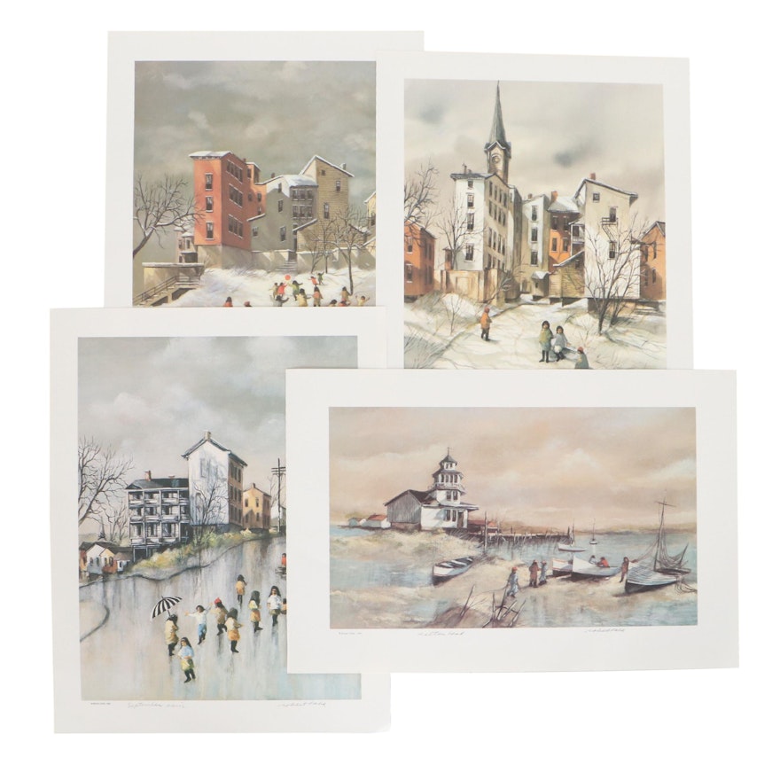 Robert Fabe Offset Lithographs of Village Scenes, Late 20th Century