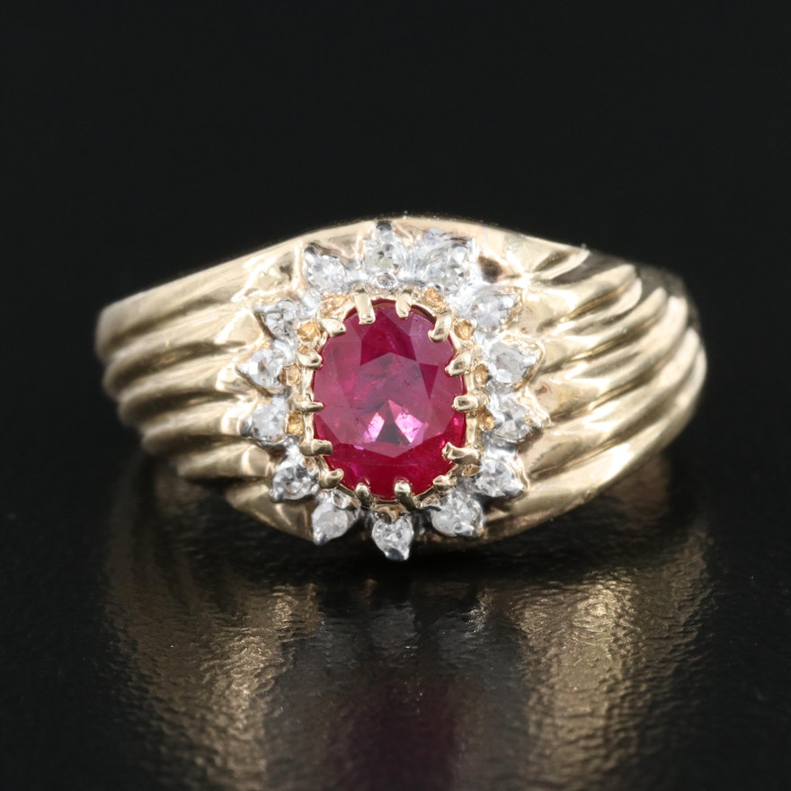 14K Ruby and Diamond Halo Ring with Fluted Shoulders