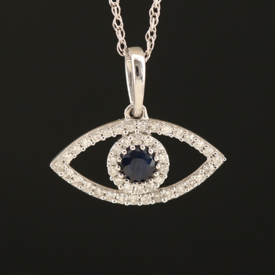 10K Sapphire and Diamond Evil Eye Pendant Necklace