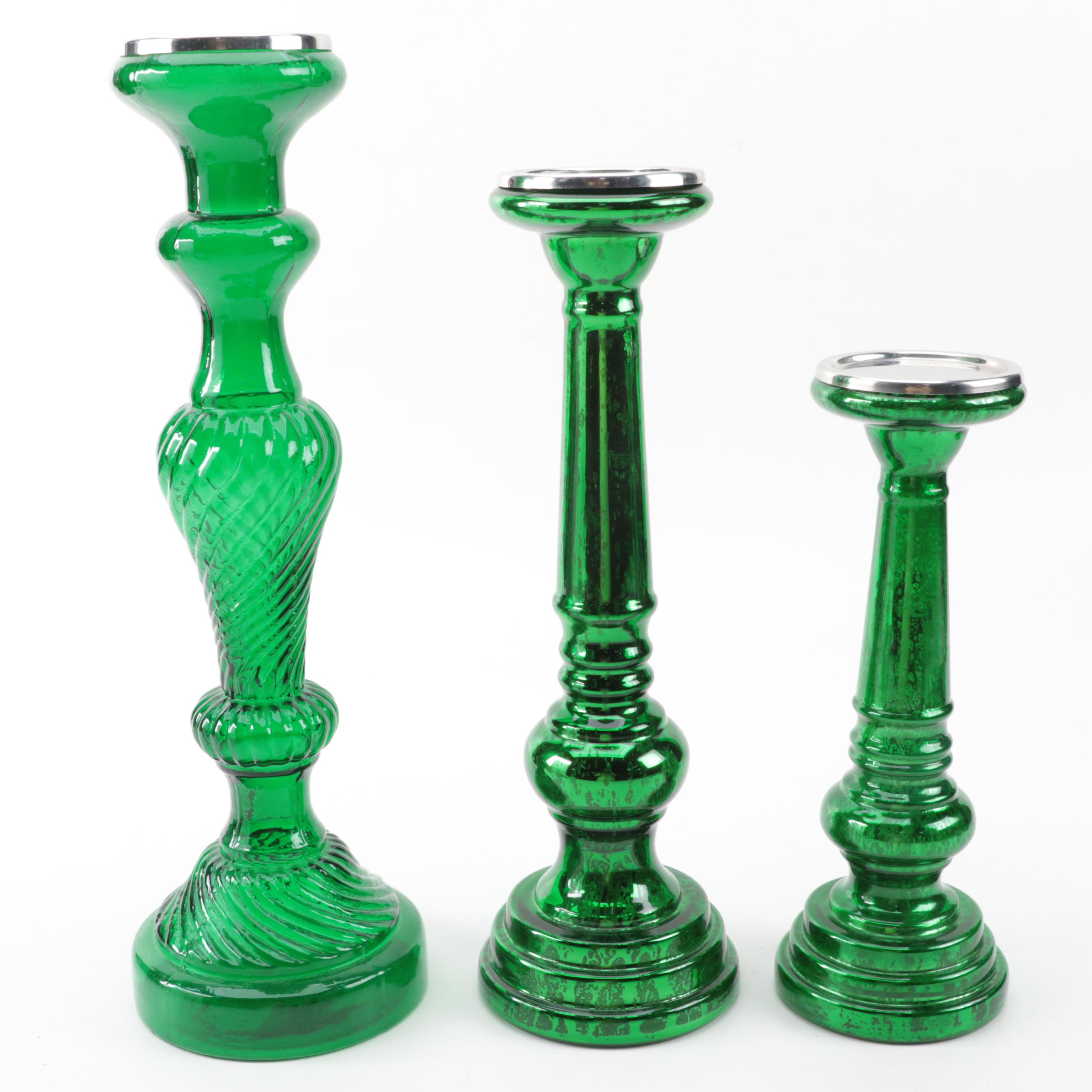 Green and Red Glass Candlesticks and Candle Holders