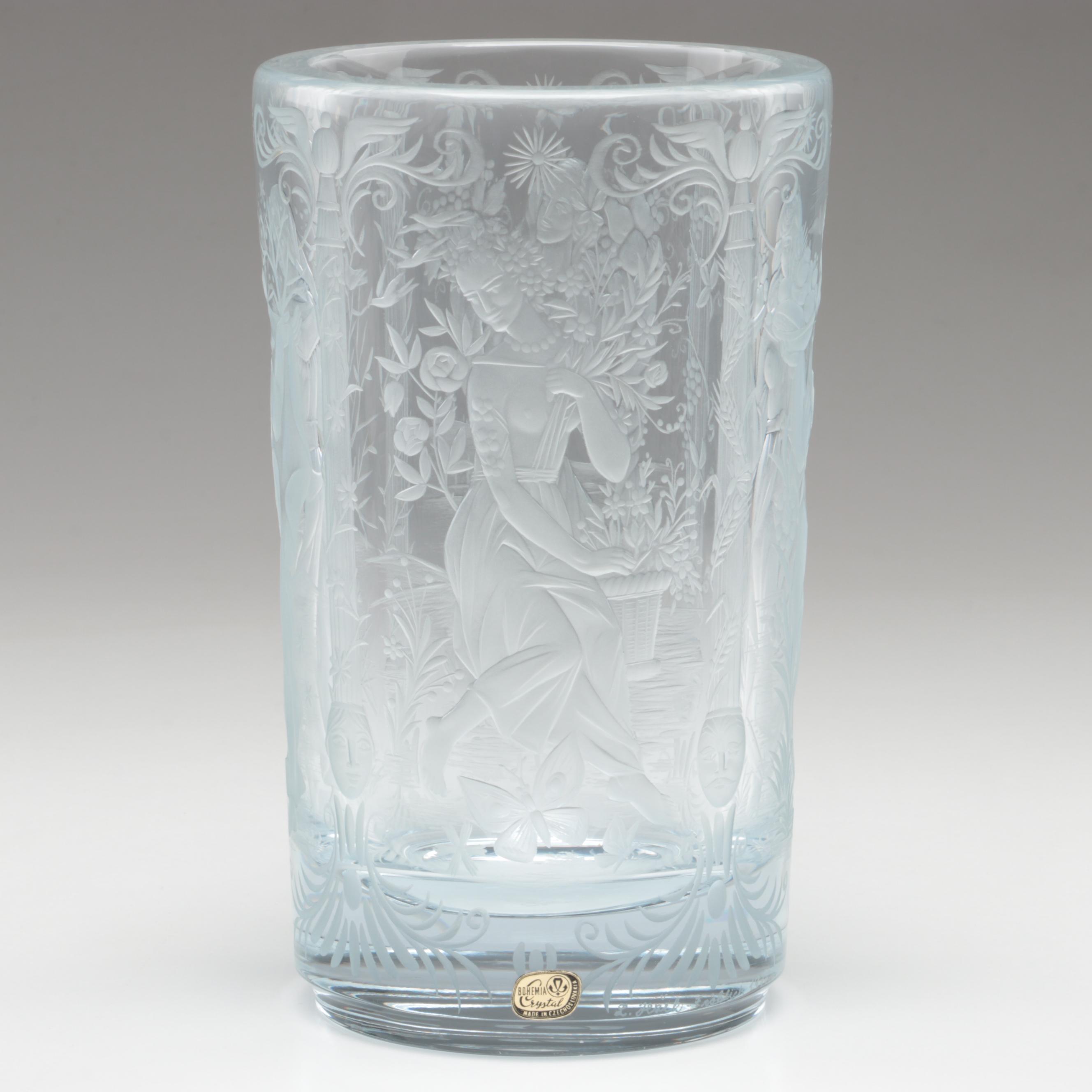 Bohemia Czech Etched Crystal Vase of the Four Seasons, 1977