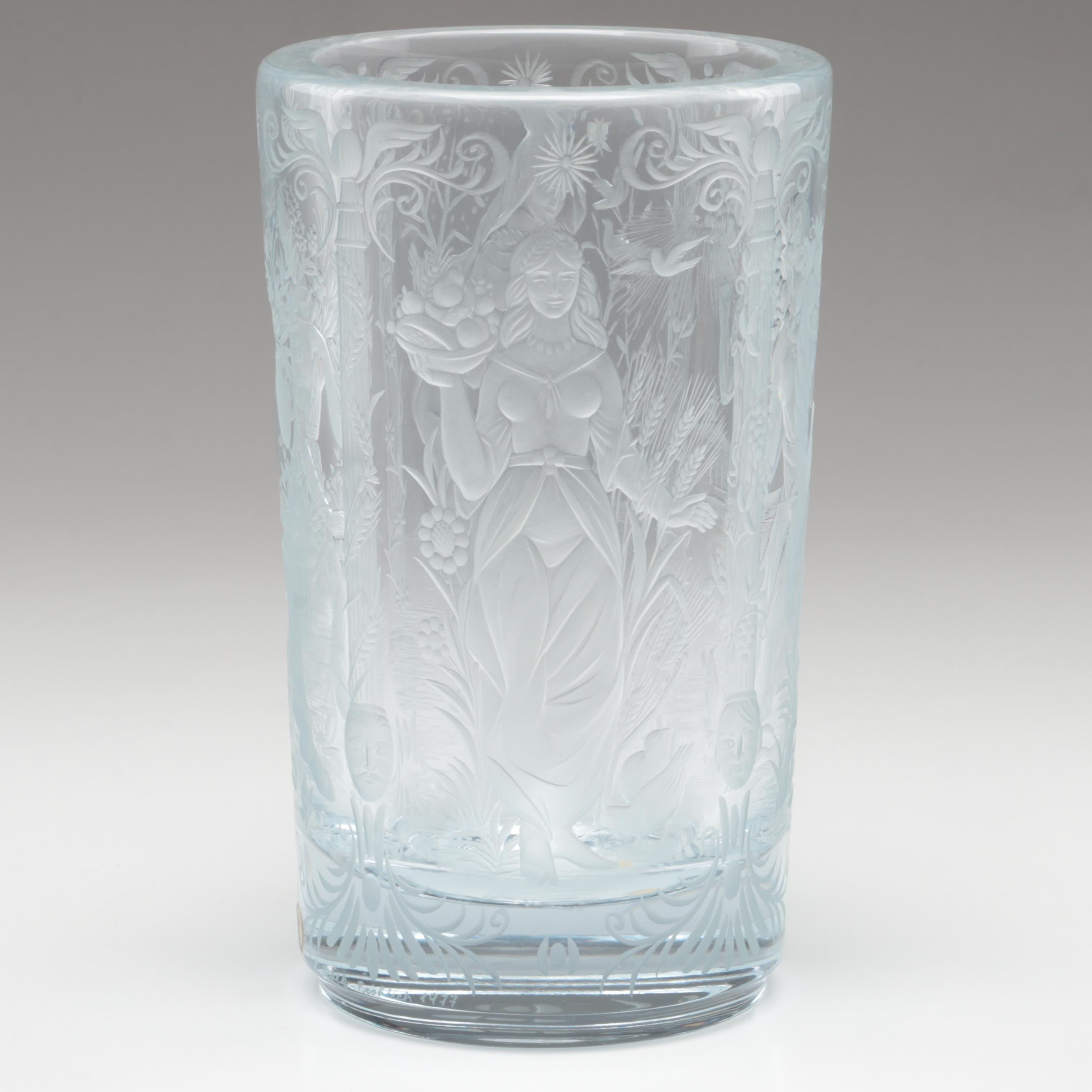 Bohemia Czech Etched Crystal Vase of the Four Seasons, 1977