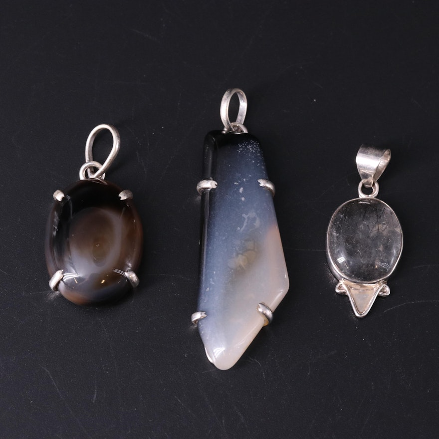 Sterling Silver Pendant Collection Including Agate and Quartz