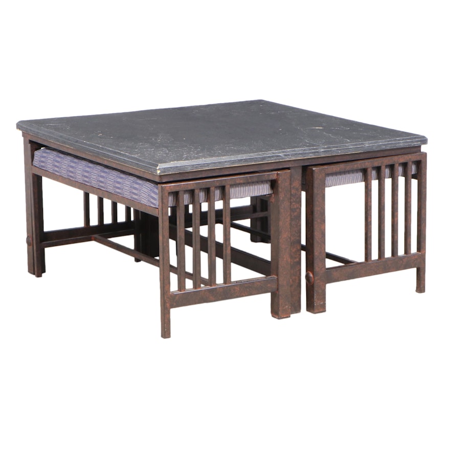 Faux Slate Coffee Table with Nested Ottomans