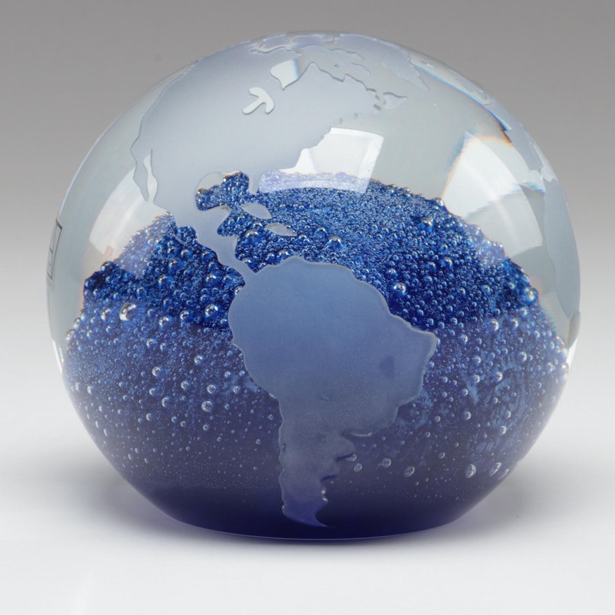 Bohemian Blue Trapped Bubble and Sandblasted Czech Art Glass Globe Paperweight