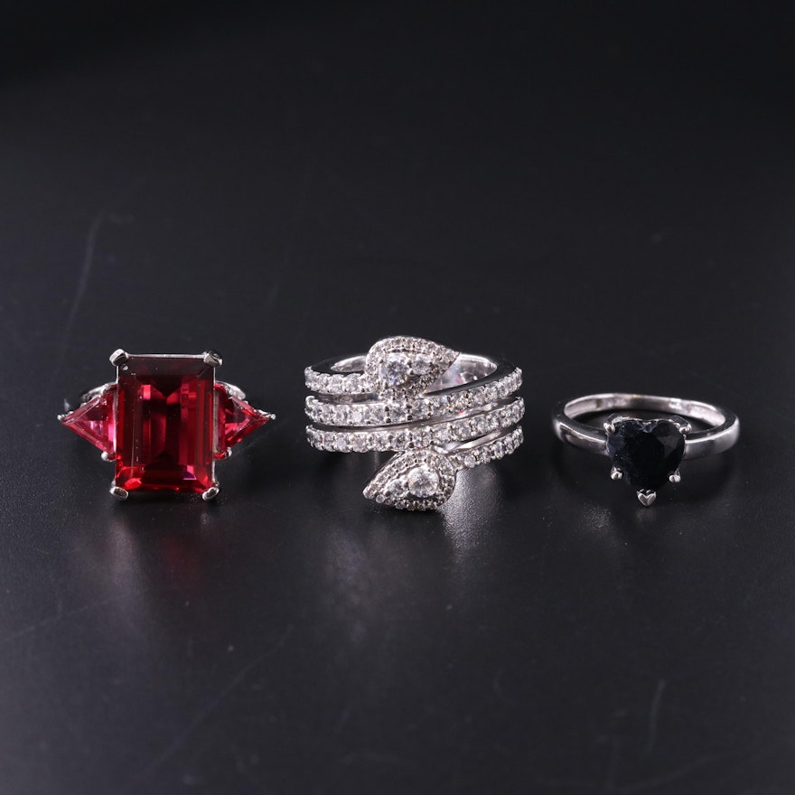 Sterling Silver Ring Trio Including Sapphire and Cubic Zirconia