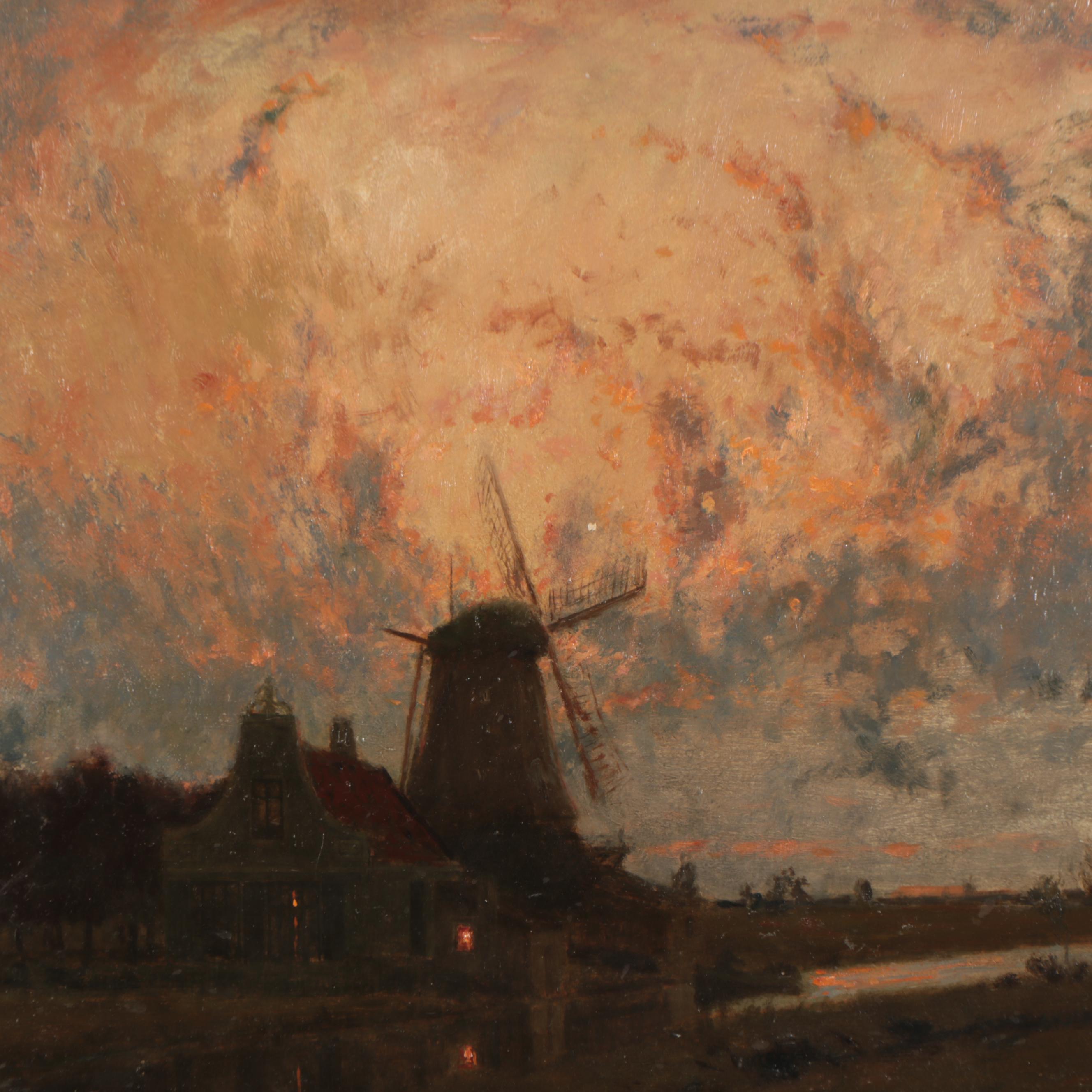 Raoul Andre Ulmann Landscape Oil Painting of Windmill, Late 19th Century