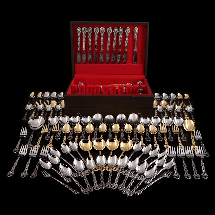 Oneida "Chandelier" Stainless Steel and Gold Finish Flatware with Other Utensils