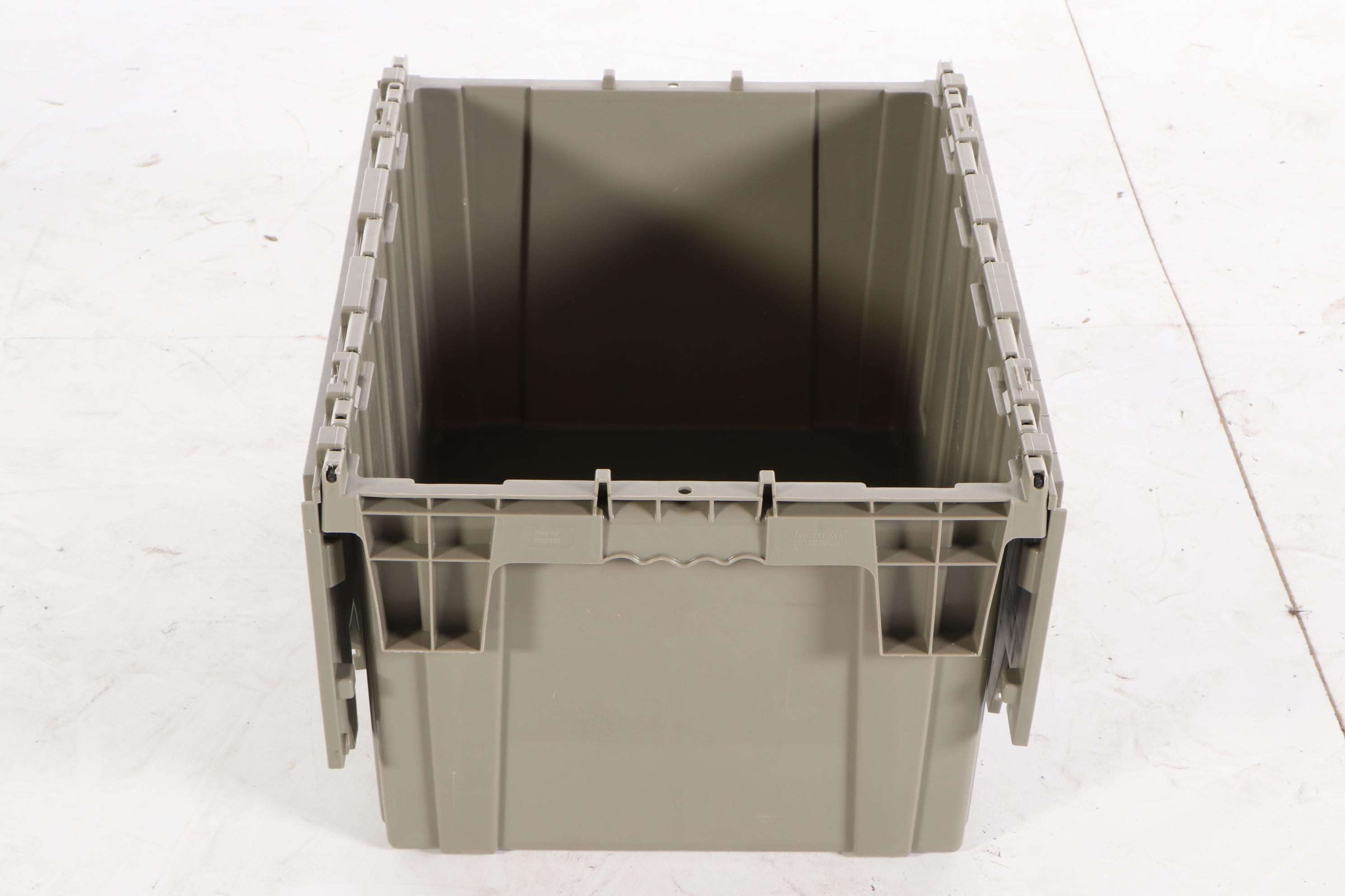 Five Grey Plastic Storage Totes