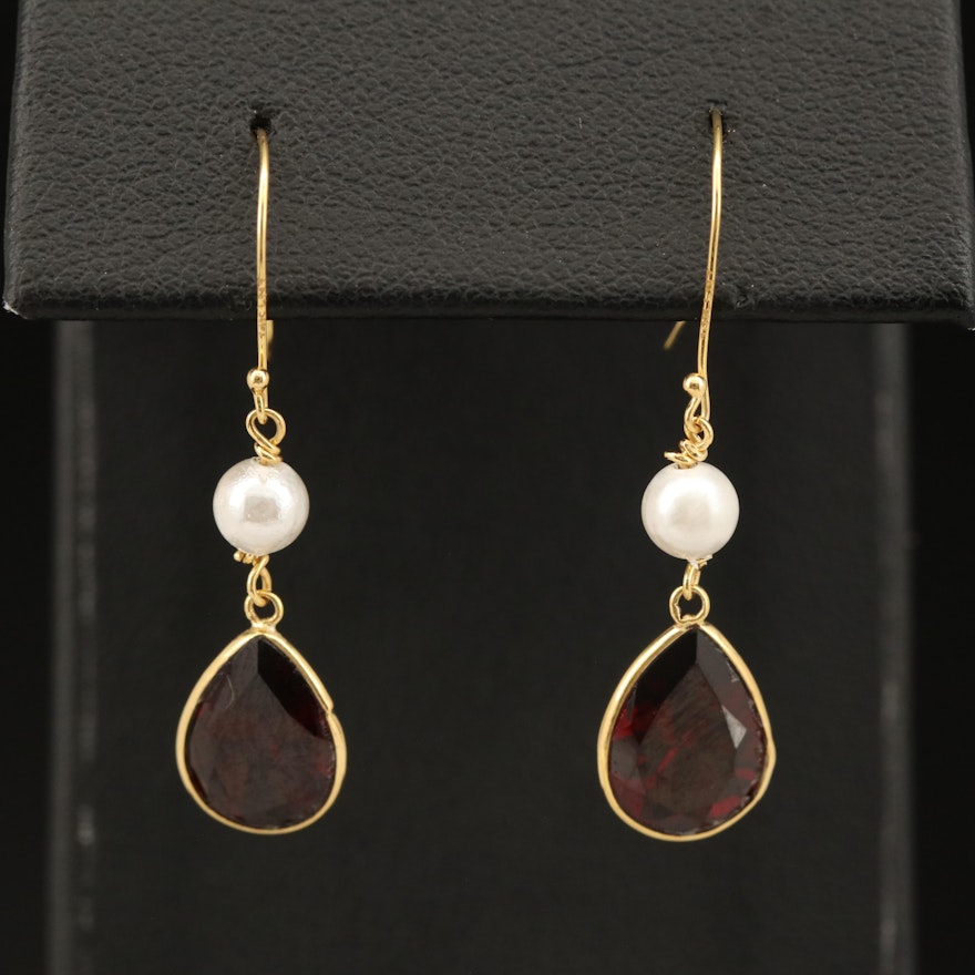 14K Faux Pearl and Garnet Earrings