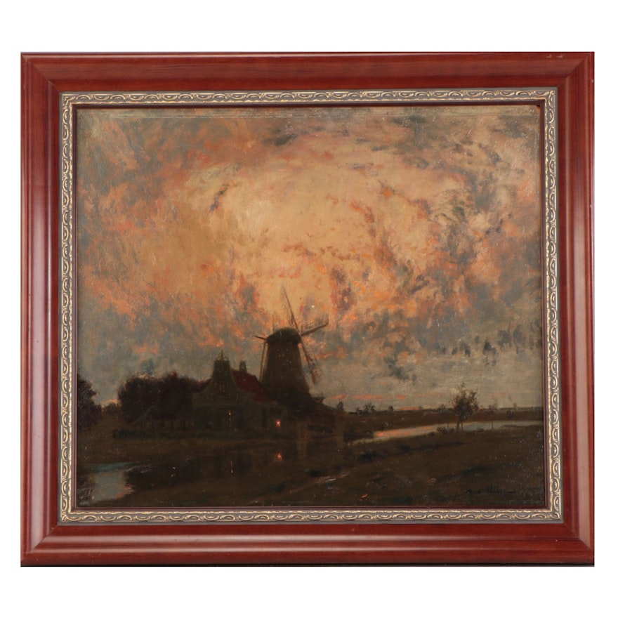 Raoul Andre Ulmann Landscape Oil Painting of Windmill, Late 19th Century