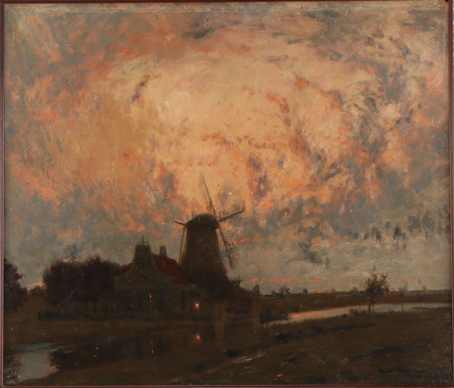 Raoul Andre Ulmann Landscape Oil Painting of Windmill, Late 19th Century