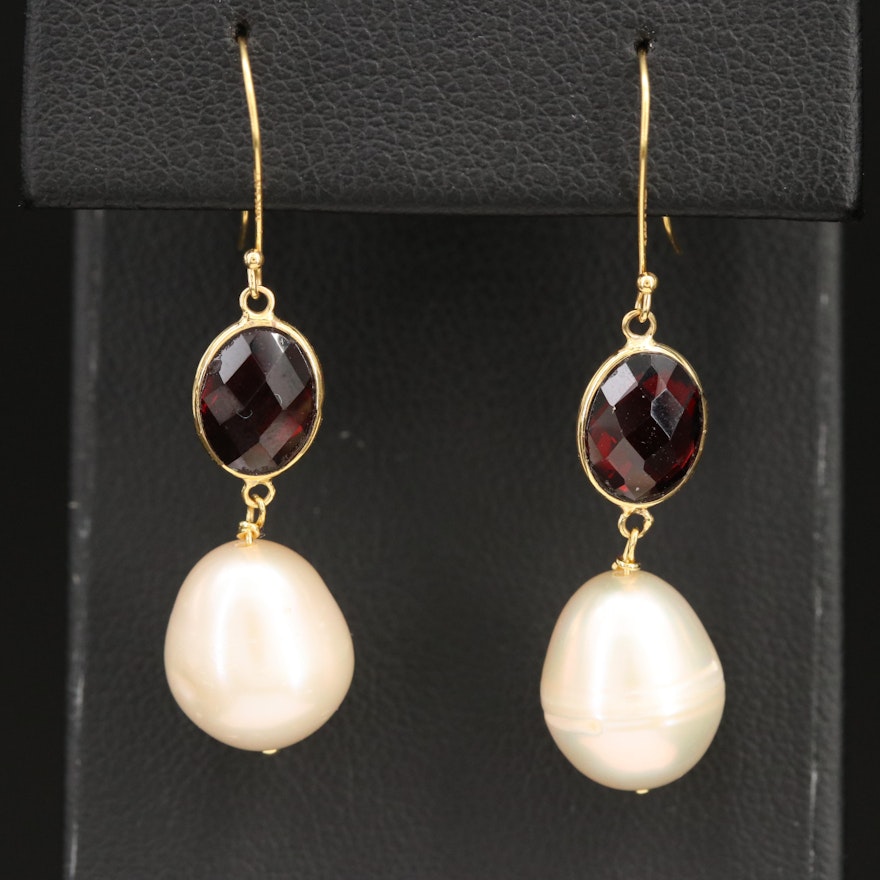 14K Garnet and Pearl Drop Earrings