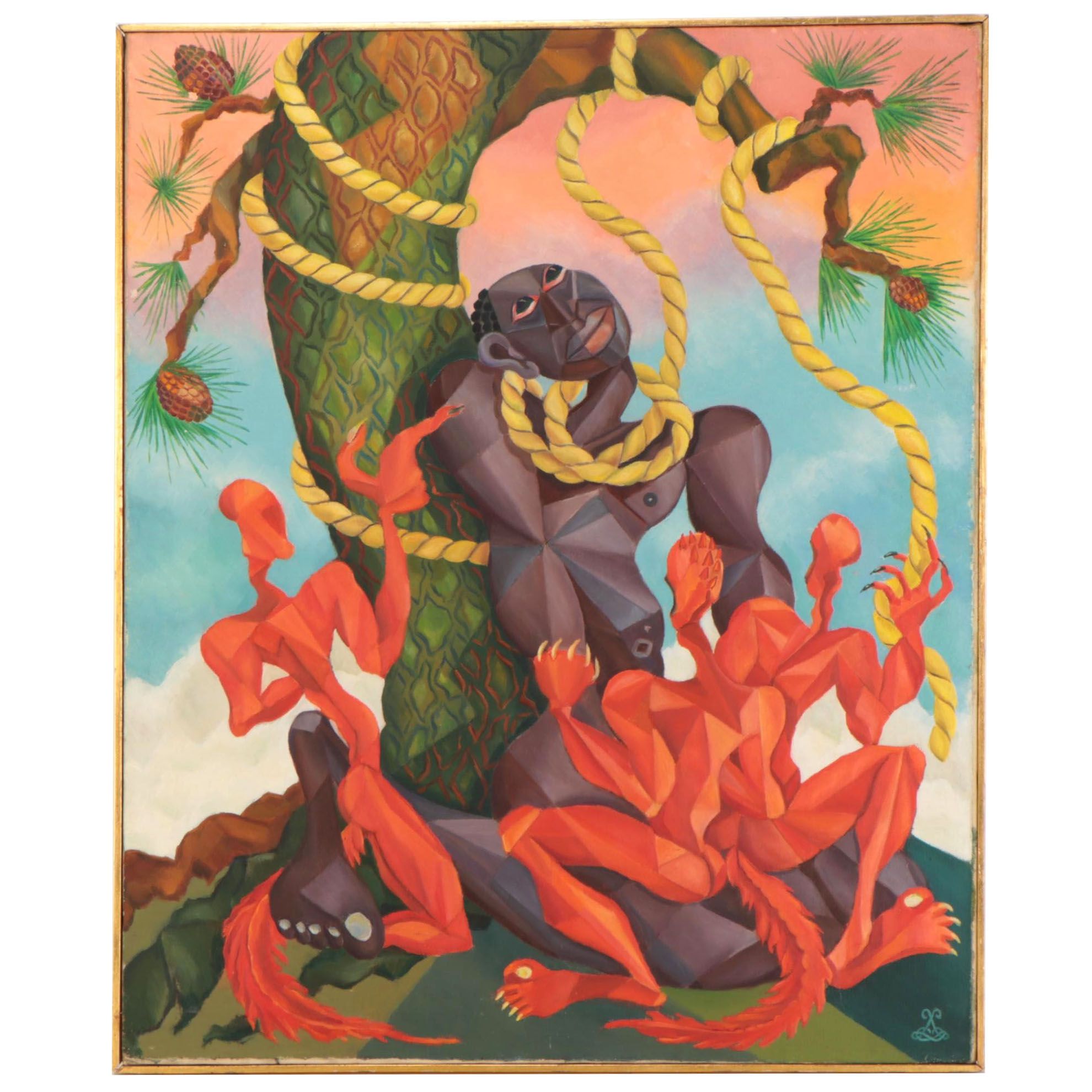 Lee Loring Oil Painting "Lynching With Red Devils," Circa 1940