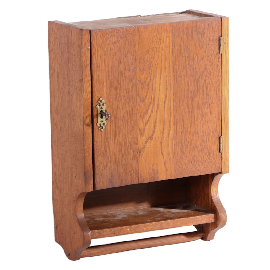 Oak Wall Cabinet with Towel Bar and Keys