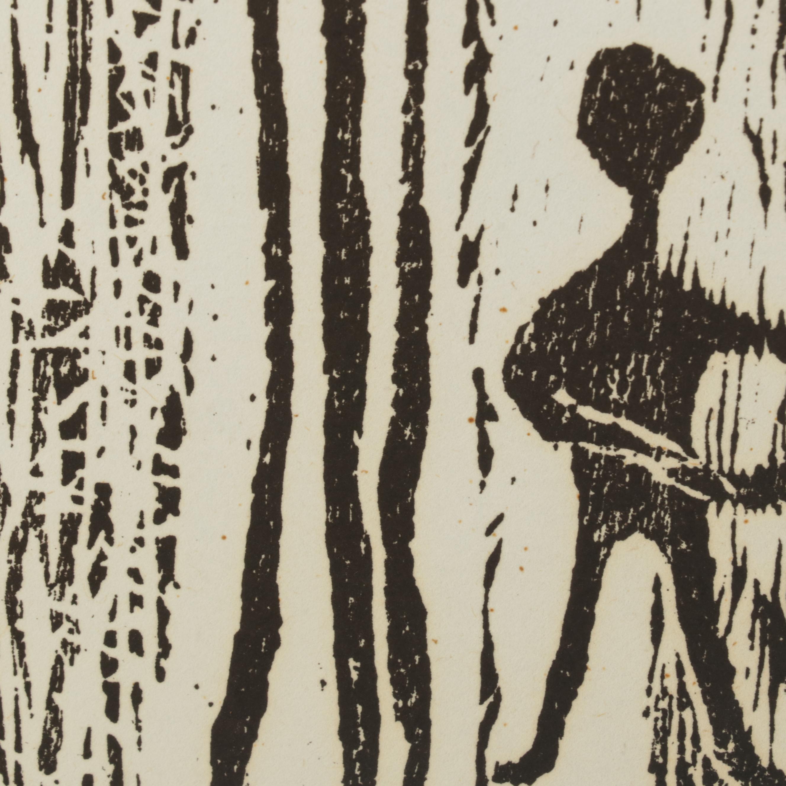 Mary Ellen Tong Woodcut "Brothers," Mid-Late 20th Century
