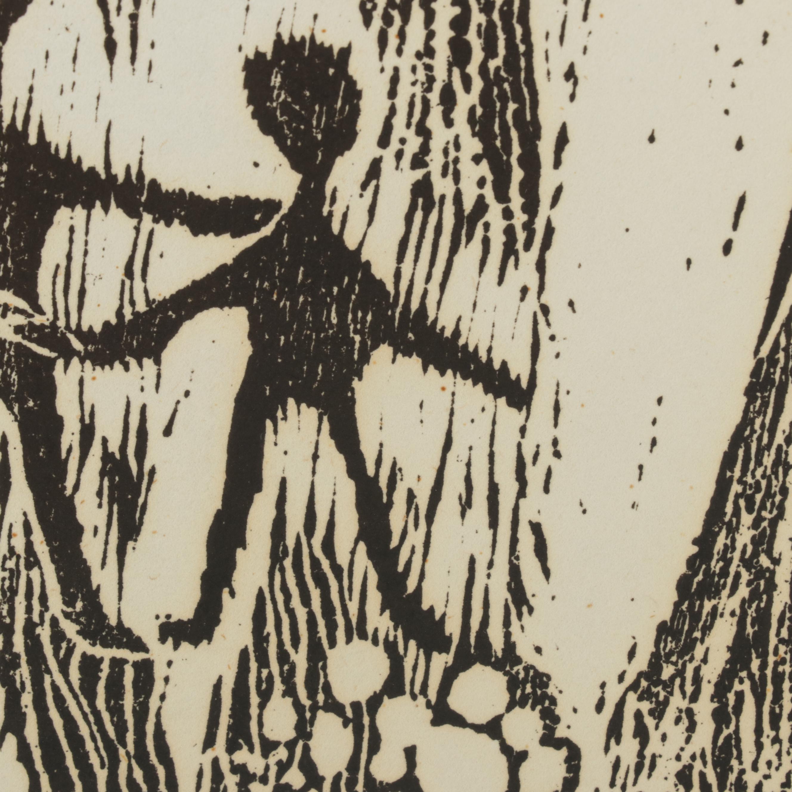 Mary Ellen Tong Woodcut "Brothers," Mid-Late 20th Century