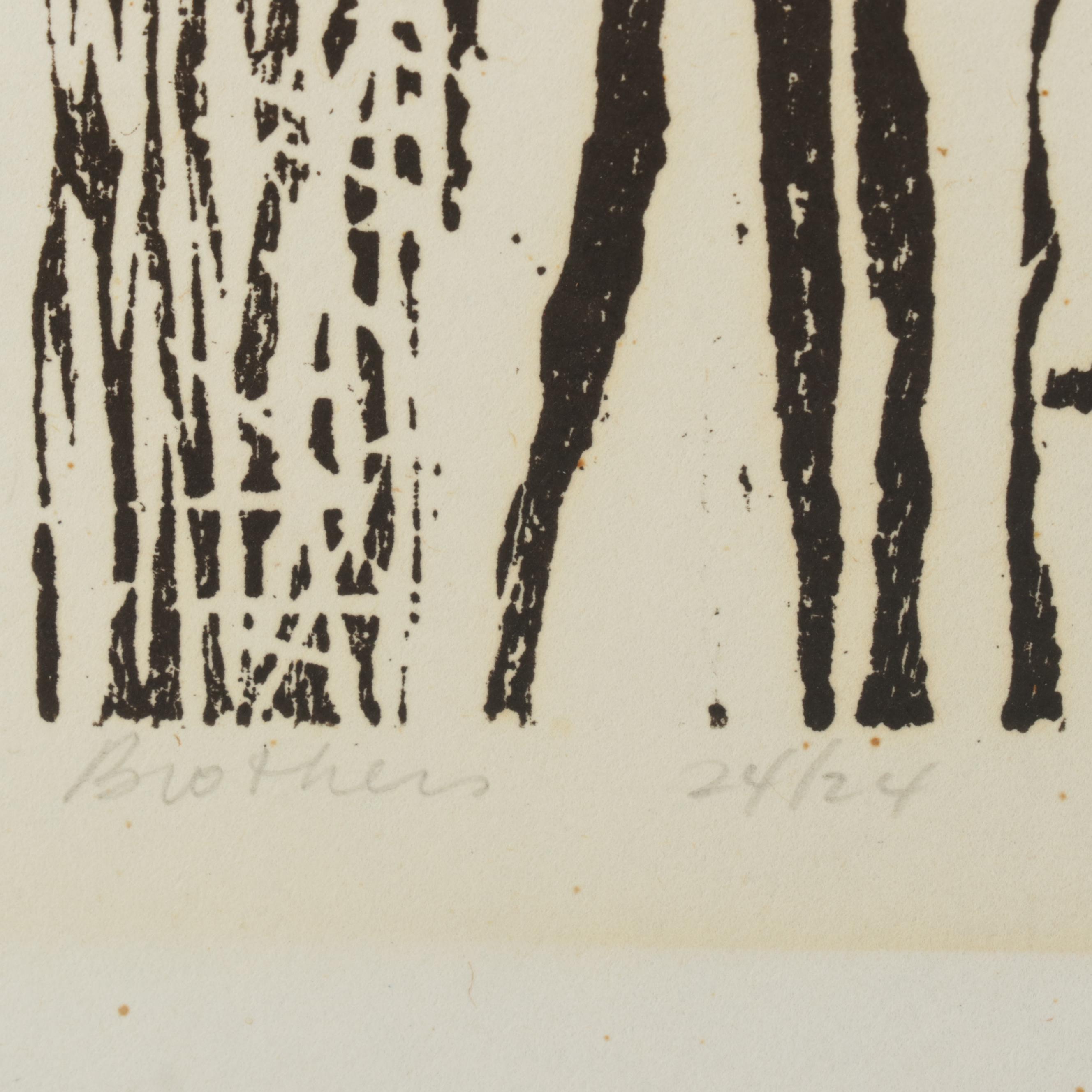 Mary Ellen Tong Woodcut "Brothers," Mid-Late 20th Century