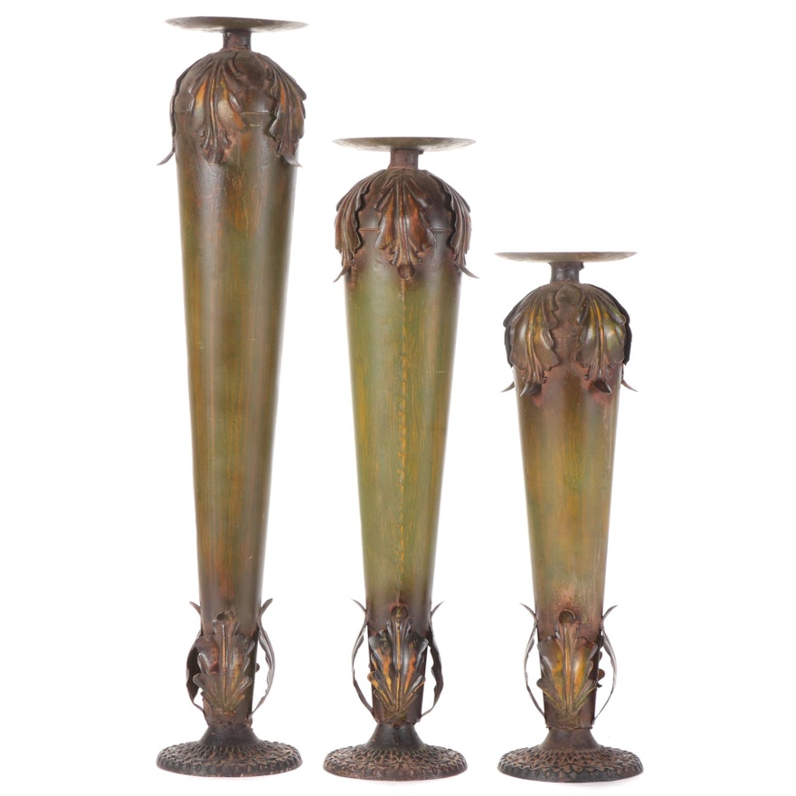 Trio of Neoclassical Style Hand-Painted Metal Candle Holders