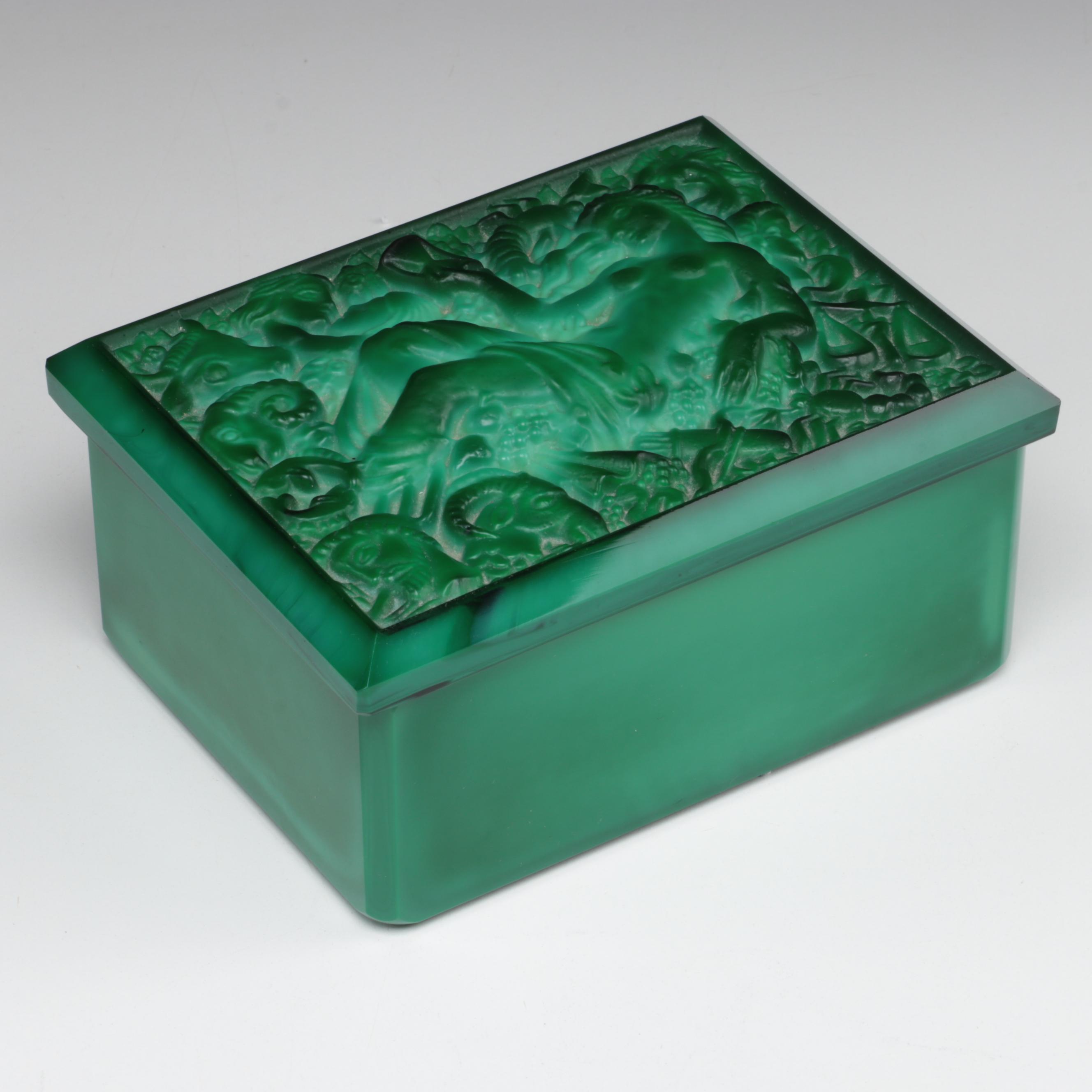 Bohemian Malachite Glass Zodiac Motif Dresser Box, Early to Mid-20th C.