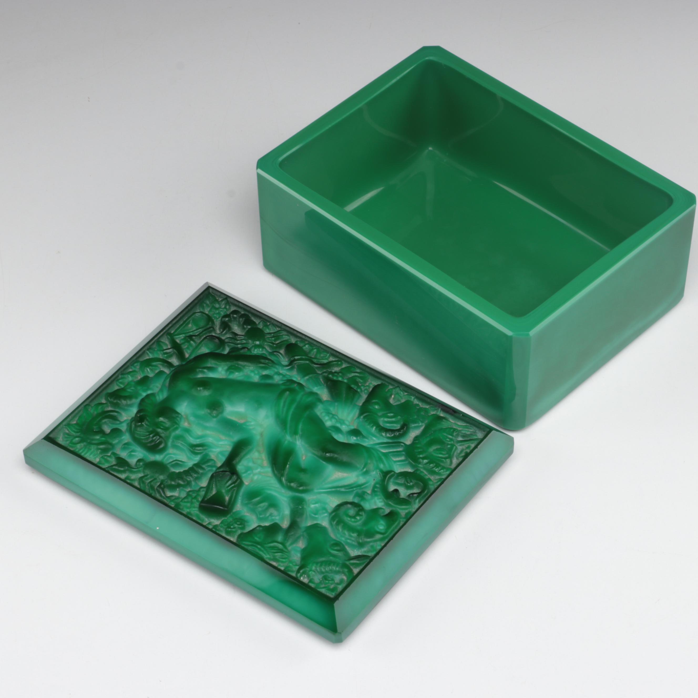 Bohemian Malachite Glass Zodiac Motif Dresser Box, Early to Mid-20th C.