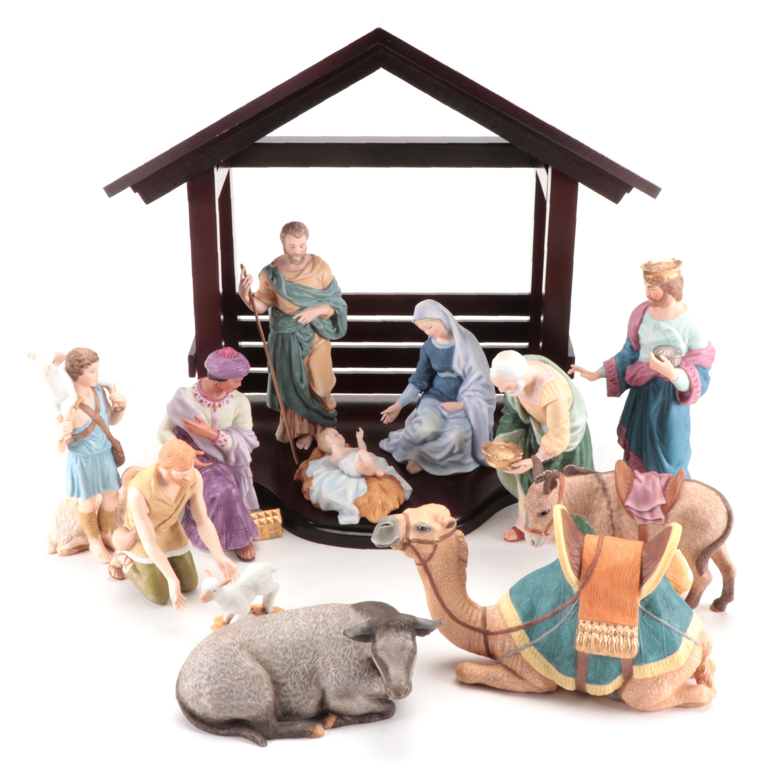 Lenox "The Renaissance Nativity" Porcelain Figurines with Wood Stable