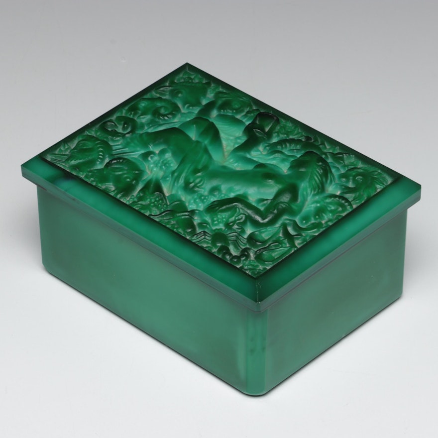 Bohemian Malachite Glass Zodiac Motif Dresser Box, Early to Mid-20th C.
