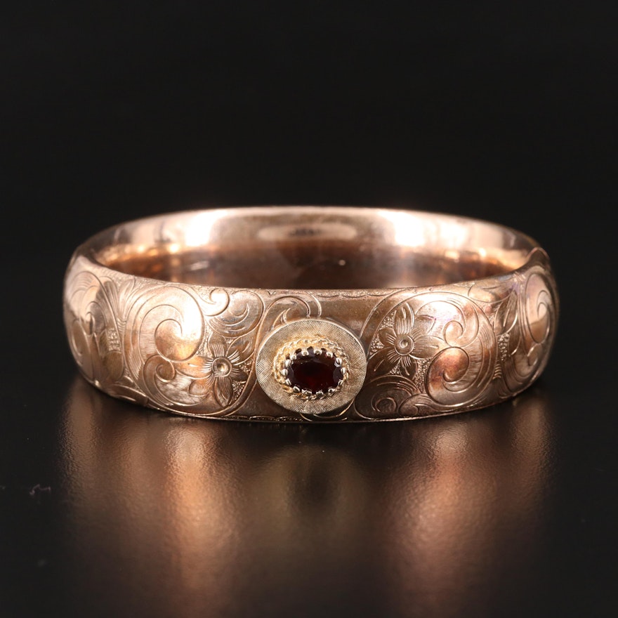 Victorian Style Garnet and Engraved Hinged Bangle