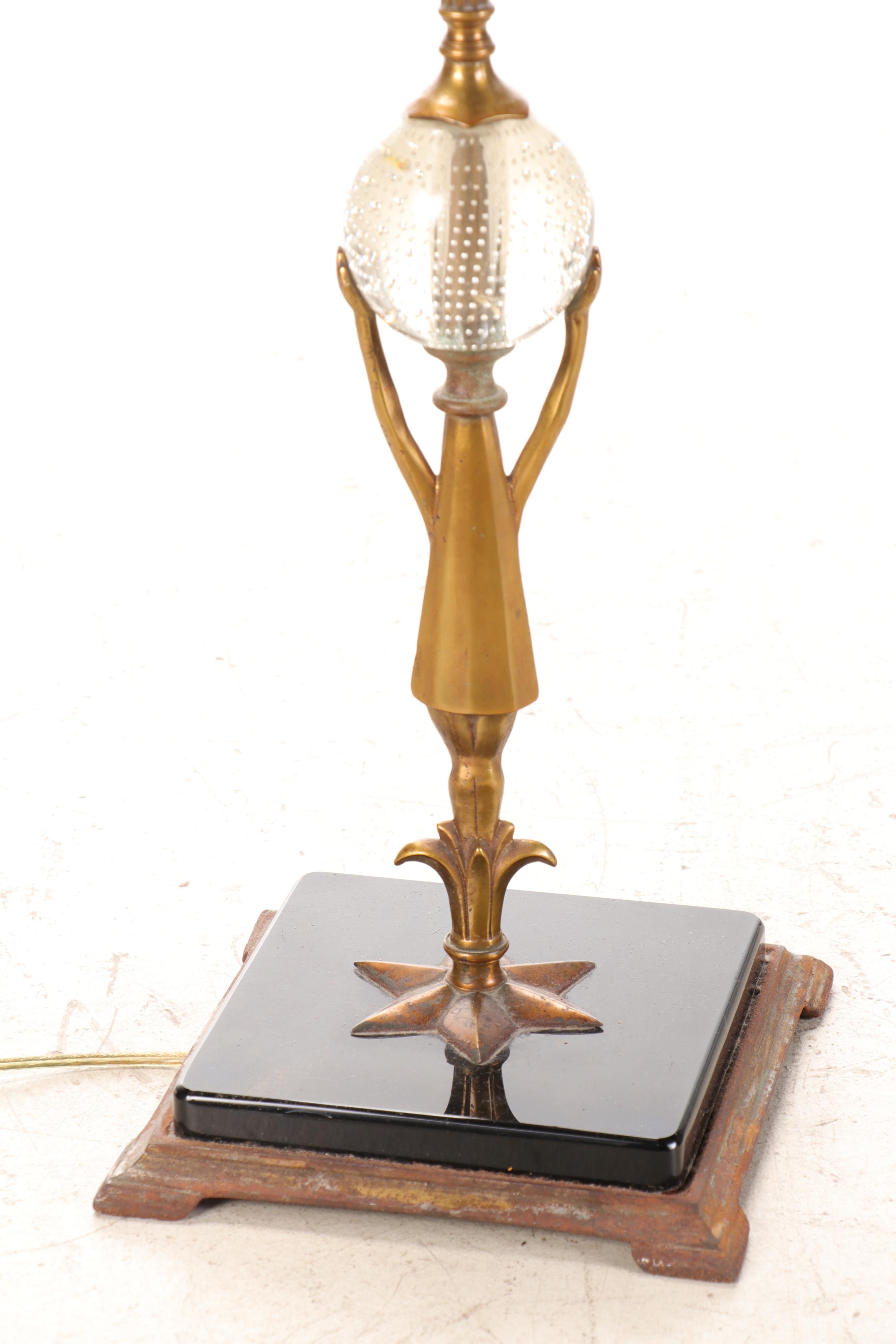 Art Deco Style Mixed Metal Figural Bridge-Arm Lamp with Pairpoint Bubble Orb