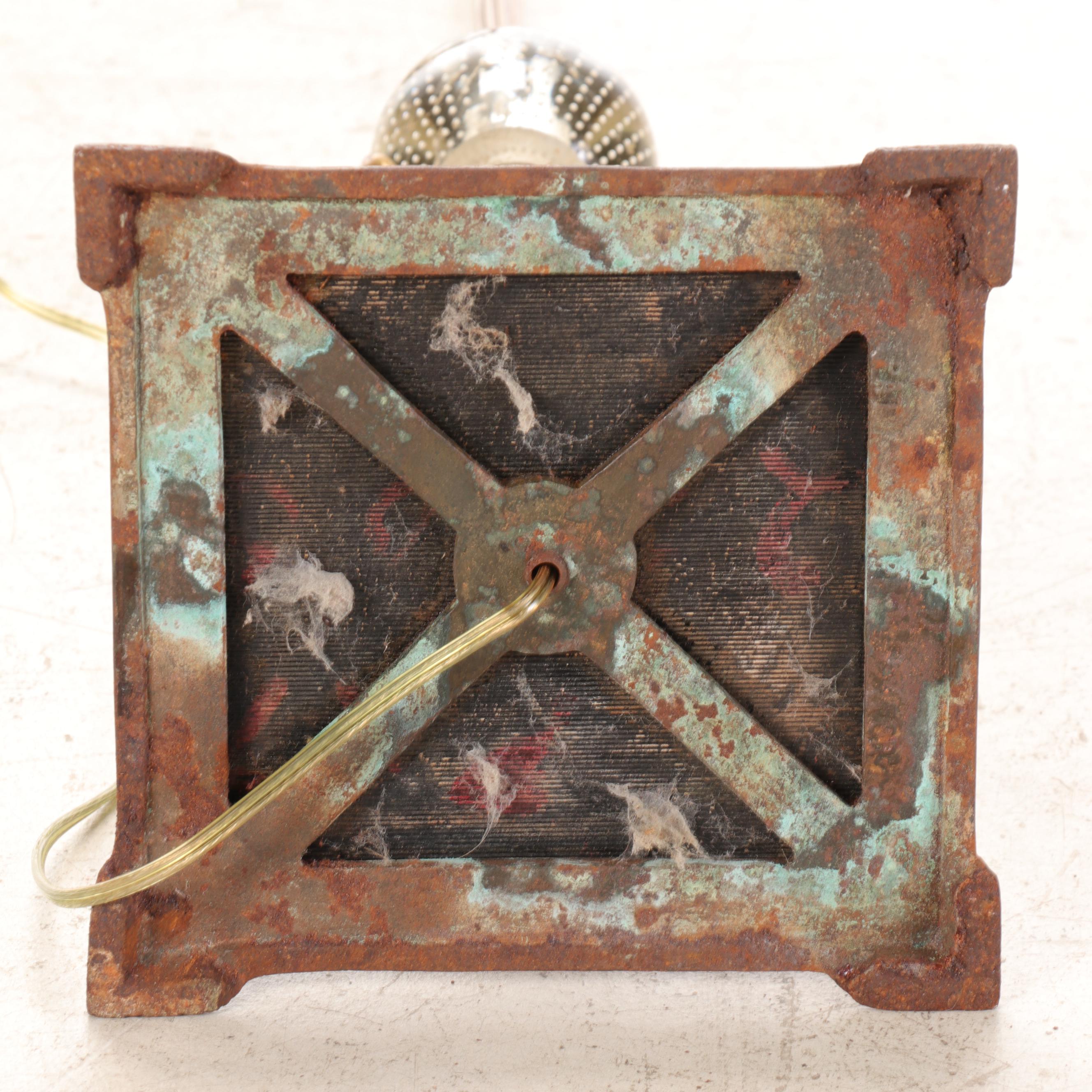 Art Deco Style Mixed Metal Figural Bridge-Arm Lamp with Pairpoint Bubble Orb