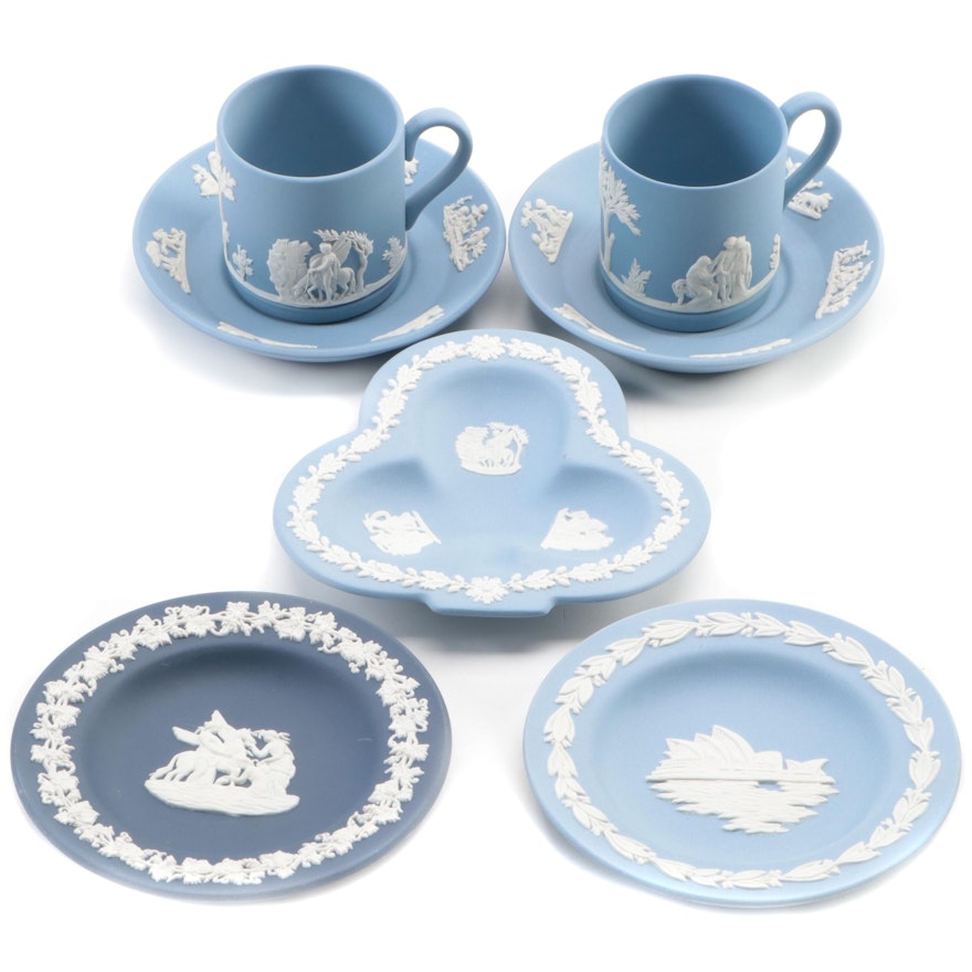 Wedgwood Blue Jasperware Cups, Saucers, Plates and Serving Dish