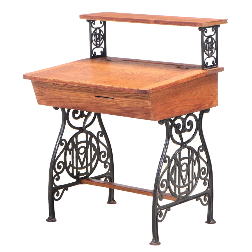 Late Victorian Oak and Cast Iron Lift-Top Desk, Late 19th/Early 20th Century