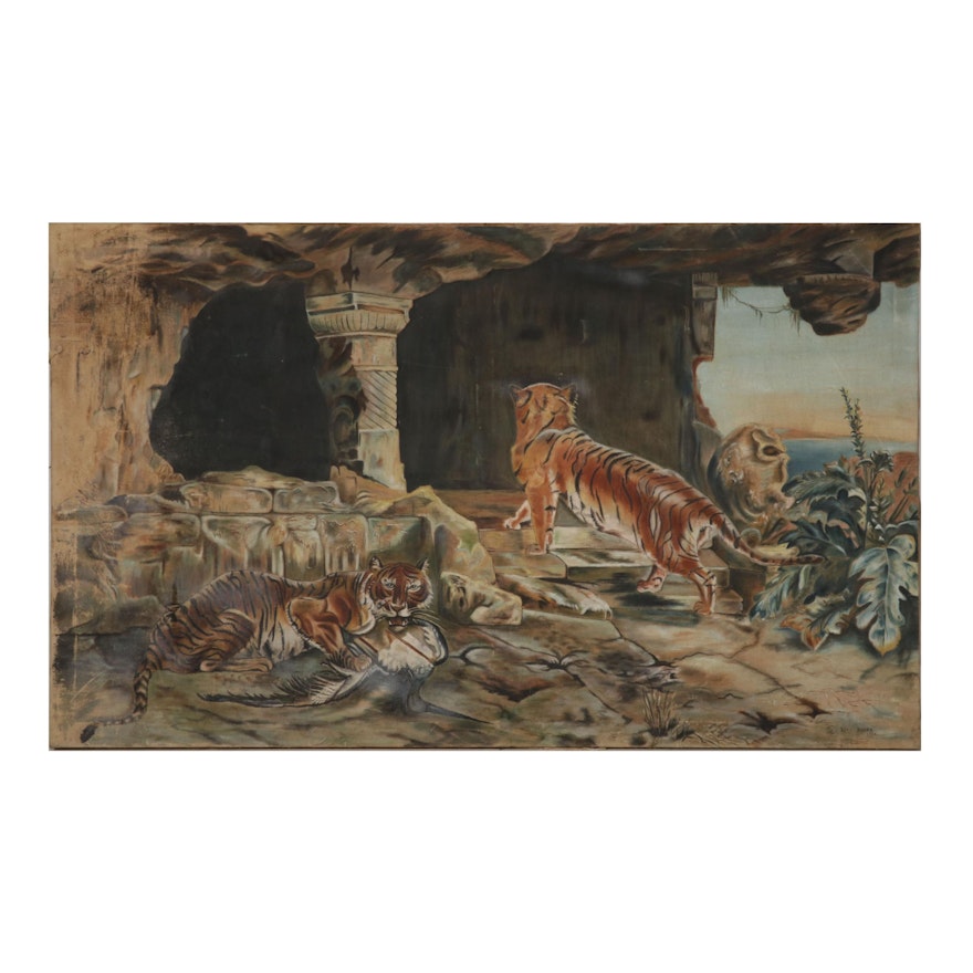 Lisa Bailey Oil Painting of Tigers Outside Cave, 1914